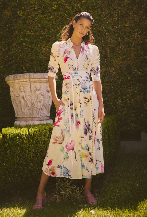 OnceWas | Xenia Yoke Linen Viscose Dress in Plume Blossom