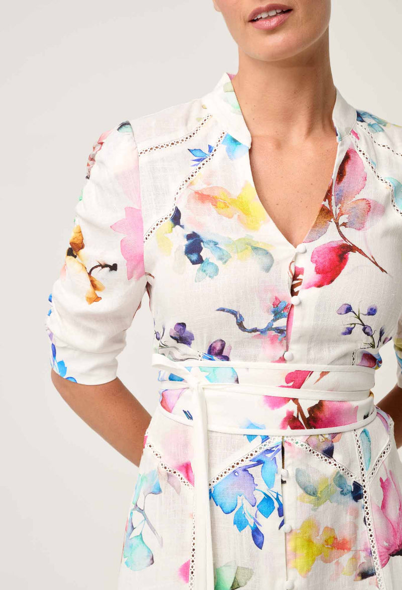 OnceWas | Xenia Yoke Linen Viscose Dress in Plume Blossom