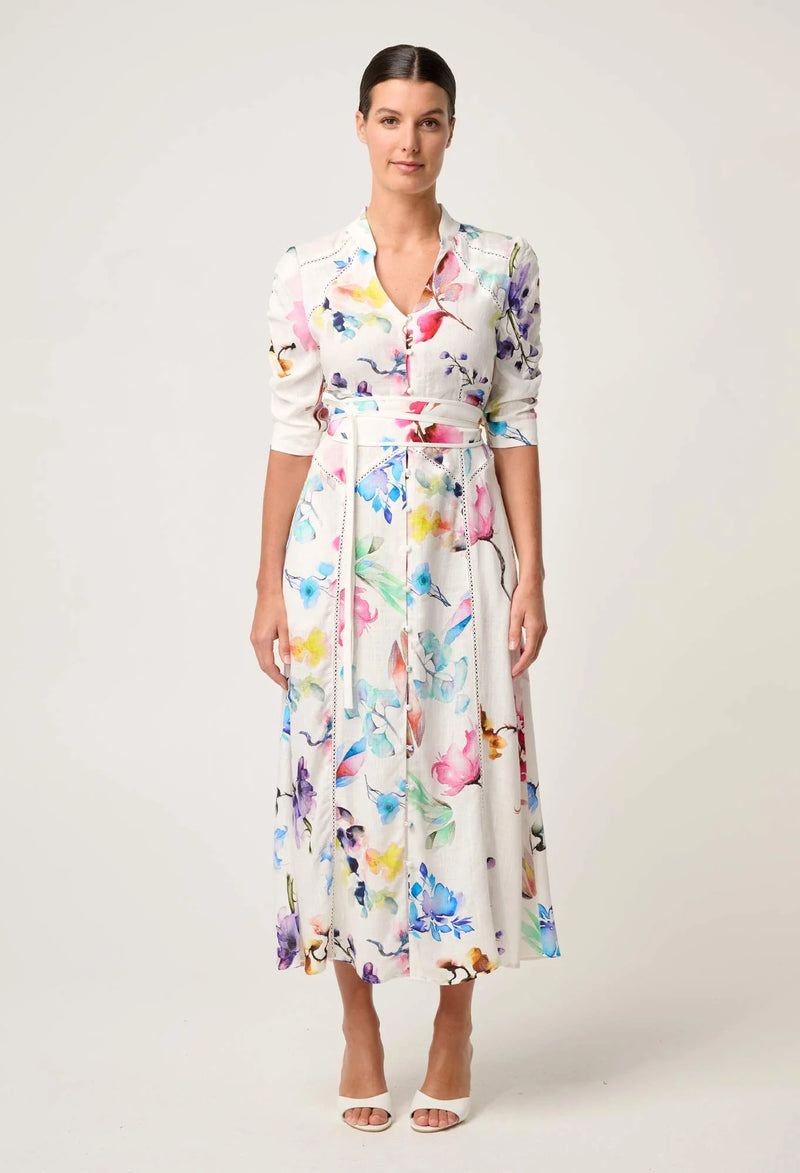 OnceWas | Xenia Yoke Linen Viscose Dress in Plume Blossom
