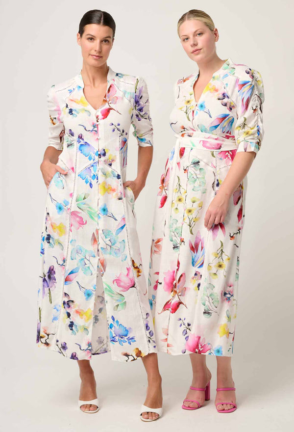 OnceWas | Xenia Yoke Linen Viscose Dress in Plume Blossom