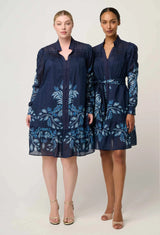 OnceWas | Lanae Cotton Silk Print Ruched Sleeve Dress | Moonlit Batik