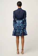 OnceWas | Lanae Cotton Silk Print Ruched Sleeve Dress | Moonlit Batik