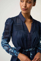 OnceWas | Lanae Cotton Silk Print Ruched Sleeve Dress | Moonlit Batik