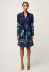 OnceWas | Lanae Cotton Silk Print Ruched Sleeve Dress | Moonlit Batik