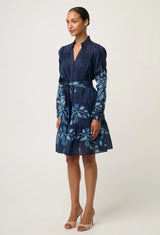 OnceWas | Lanae Cotton Silk Print Ruched Sleeve Dress | Moonlit Batik