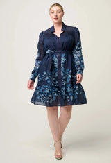 OnceWas | Lanae Cotton Silk Print Ruched Sleeve Dress | Moonlit Batik