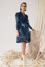 OnceWas | Lanae Cotton Silk Print Ruched Sleeve Dress | Moonlit Batik