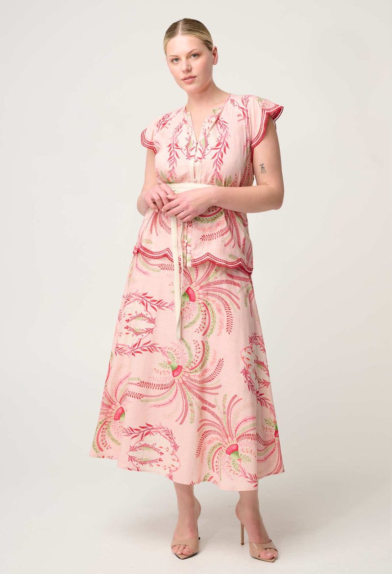 OnceWas | Estella Linen Viscose Yoke Skirt | Palmarosa