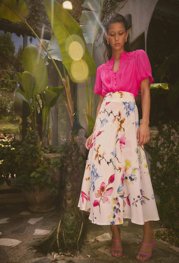 OnceWas | Pandorea Viscose Dobby Yoke Skirt in Plume Blossom