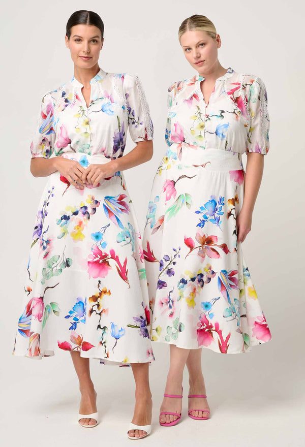 OnceWas | Pandorea Viscose Dobby Yoke Skirt in Plume Blossom