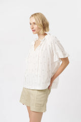 Kireina | Patricia Shirt | White w/White & Green Flower