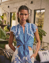 OnceWas  | Thalassa Embroidered Silk Cotton Flutter Sleeve Top in Blue Topaz