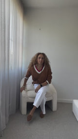 Goondiwindi Cotton | Harvest V Neck Cotton Jumper | Fox/White/Poinsettia