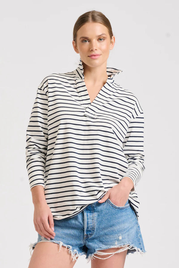EST. 1971 | Raw Collar Long Sleeve Tee | White/Navy Stripe