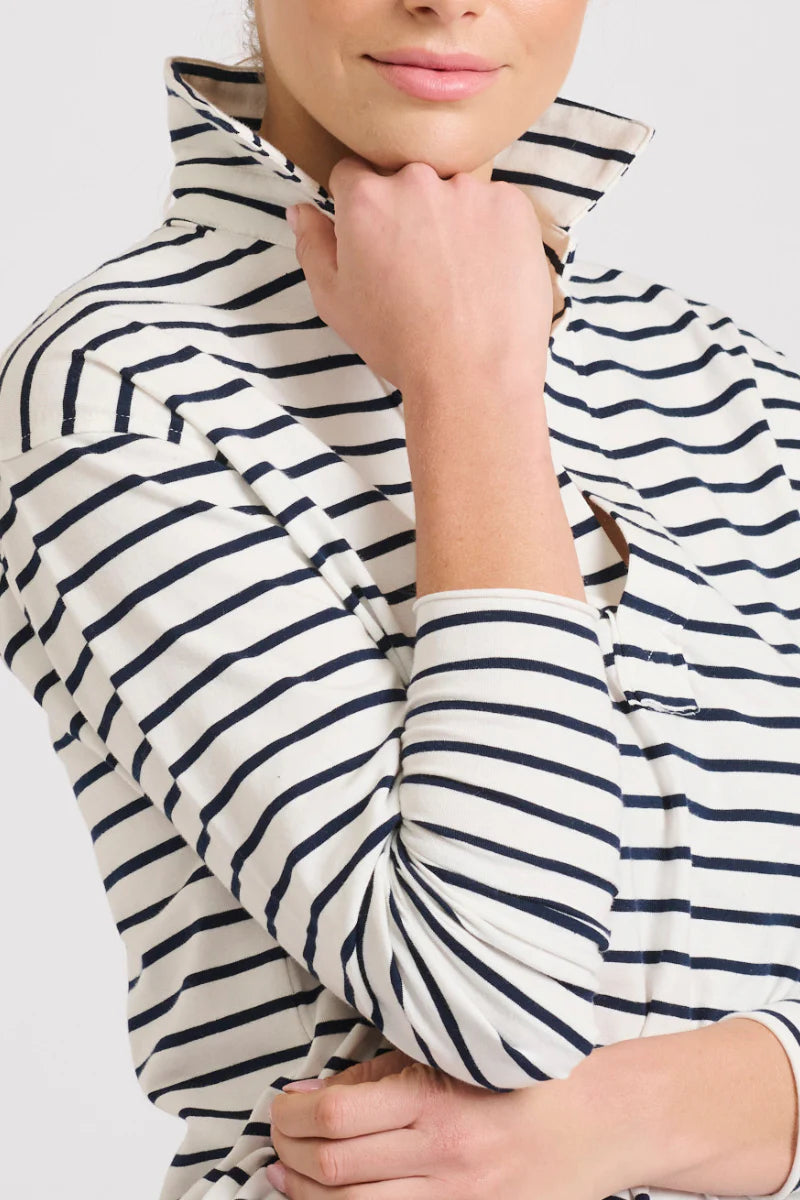 EST. 1971 | Raw Collar Long Sleeve Tee | White/Navy Stripe