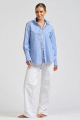 Shirty | Elodie Trim Silk Shirt | Mid Blue Stripe