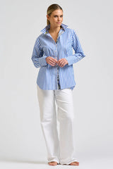 Shirty | Elodie Trim Silk Shirt | Mid Blue Stripe