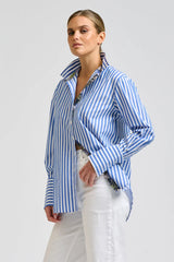 Shirty | Elodie Trim Silk Shirt | Mid Blue Stripe