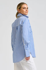 Shirty | Elodie Trim Silk Shirt | Mid Blue Stripe