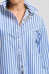 Shirty | Elodie Trim Silk Shirt | Mid Blue Stripe