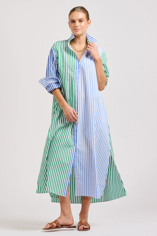 Shirty | The Luna Oversized Long Shirtdress | Blue/Green Stripe Combo