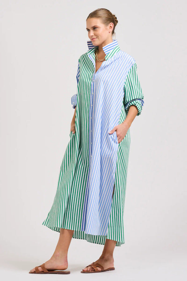 Shirty | The Luna Oversized Long Shirtdress | Blue/Green Stripe Combo