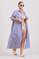 Shirty | The Luna Oversized Linen Long Shirtdress | Chambray Pink Stripe