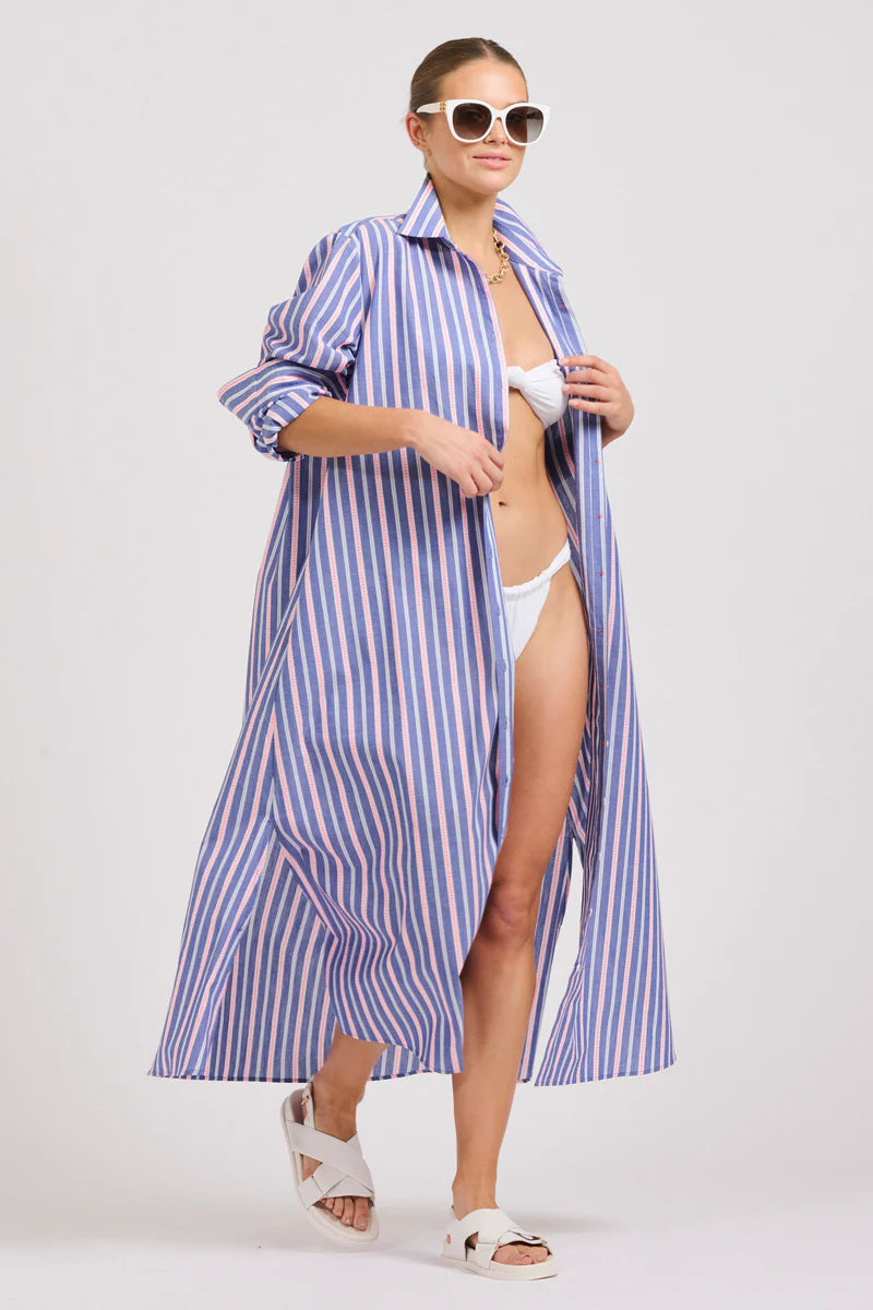Shirty | The Luna Oversized Linen Long Shirtdress | Chambray Pink Stripe