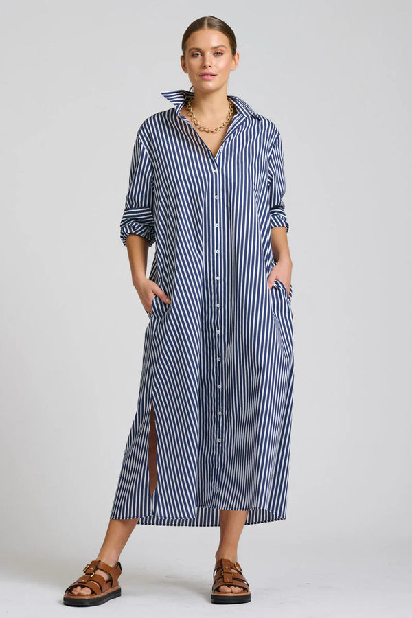 Shirty | The Luna Oversized Long Line Shirt Dress | Navy Thick Stripe