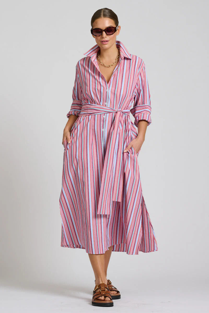 Shirty | The Luna Oversized Long Line Shirt Dress | Red Multi Stripe