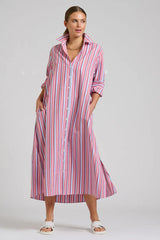 Shirty | The Luna Oversized Long Line Shirt Dress | Red Multi Stripe