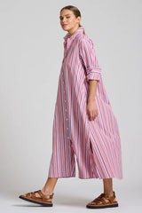 Shirty | The Luna Oversized Long Line Shirt Dress | Red Multi Stripe