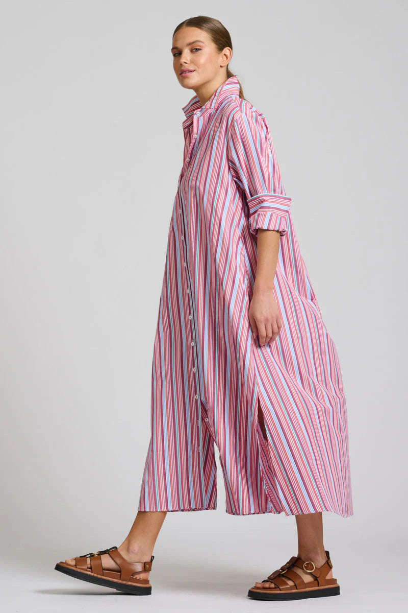 Shirty | The Luna Oversized Long Line Shirt Dress | Red Multi Stripe