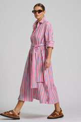 Shirty | The Luna Oversized Long Line Shirt Dress | Red Multi Stripe