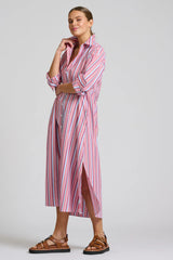 Shirty | The Luna Oversized Long Line Shirt Dress | Red Multi Stripe