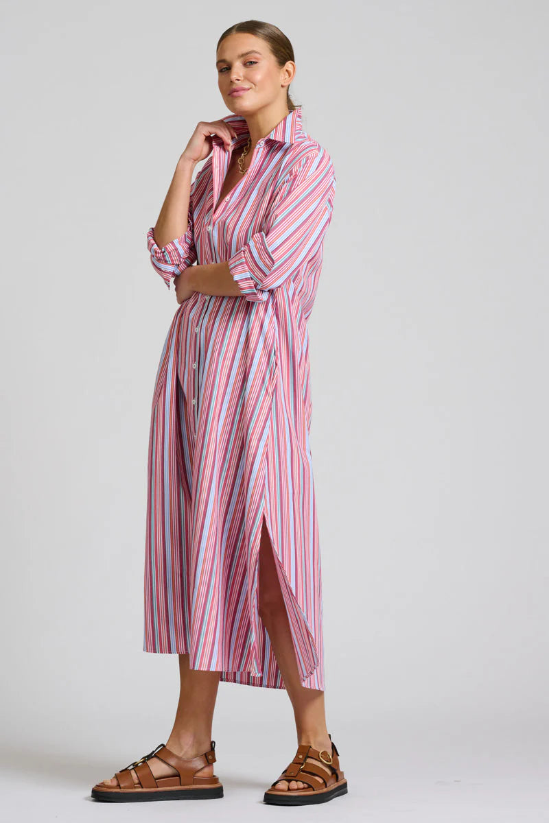 Shirty | The Luna Oversized Long Line Shirt Dress | Red Multi Stripe