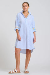 Shirty | The Popover Shirtdress | White with Blue Stripe Floral Trim
