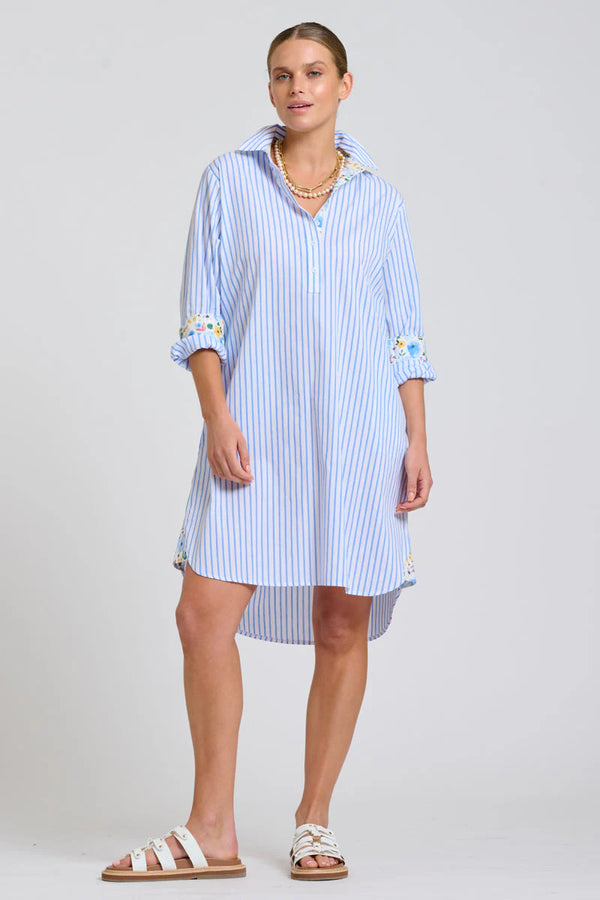 Shirty | The Popover Shirtdress | White with Blue Stripe Floral Trim