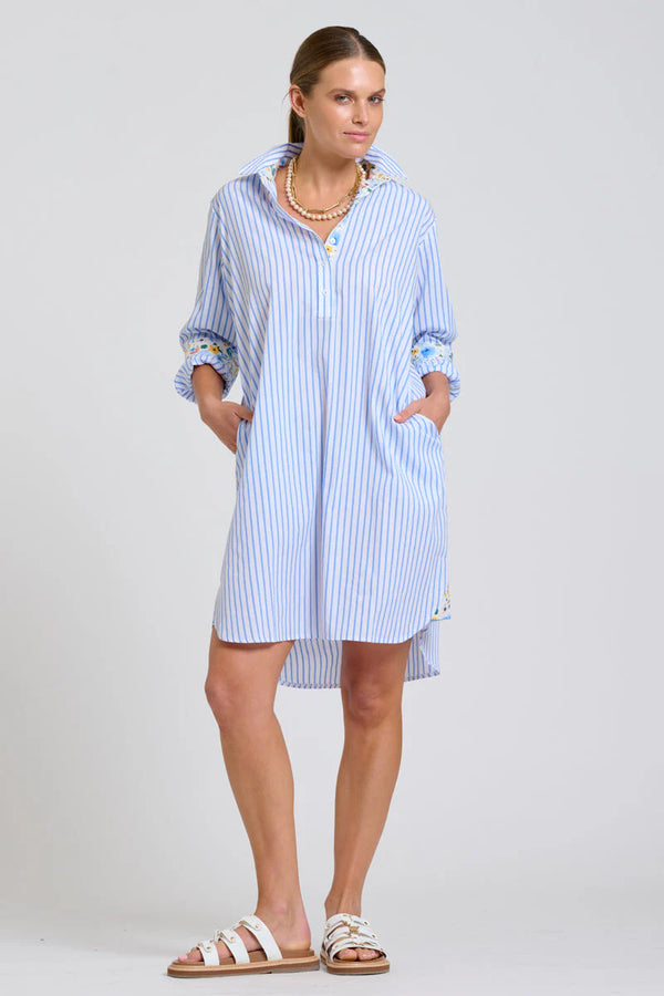 Shirty | The Popover Shirtdress | White with Blue Stripe Floral Trim