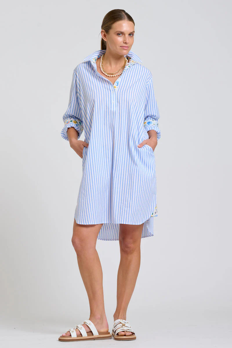 Shirty | The Popover Shirtdress | White with Blue Stripe Floral Trim