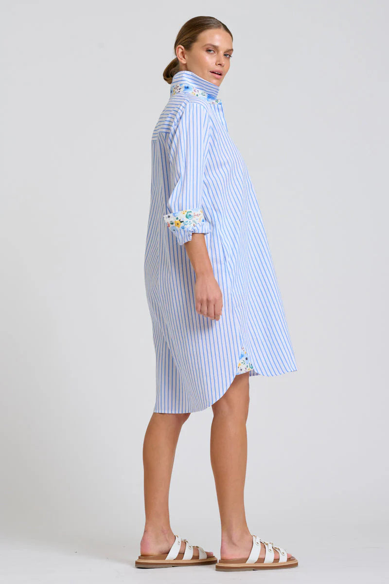 Shirty | The Popover Shirtdress | White with Blue Stripe Floral Trim