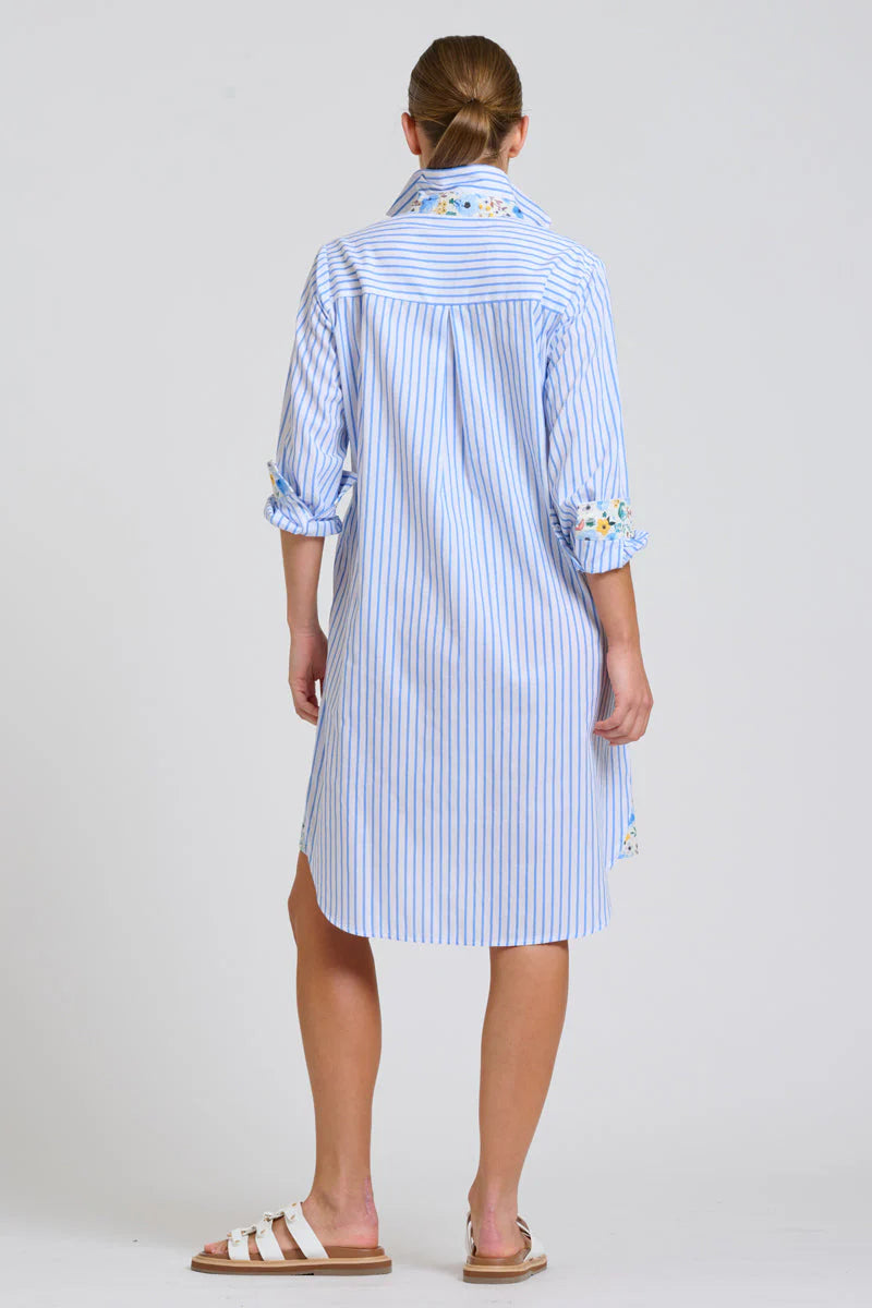 Shirty | The Popover Shirtdress | White with Blue Stripe Floral Trim