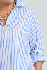 Shirty | The Popover Shirtdress | White with Blue Stripe Floral Trim