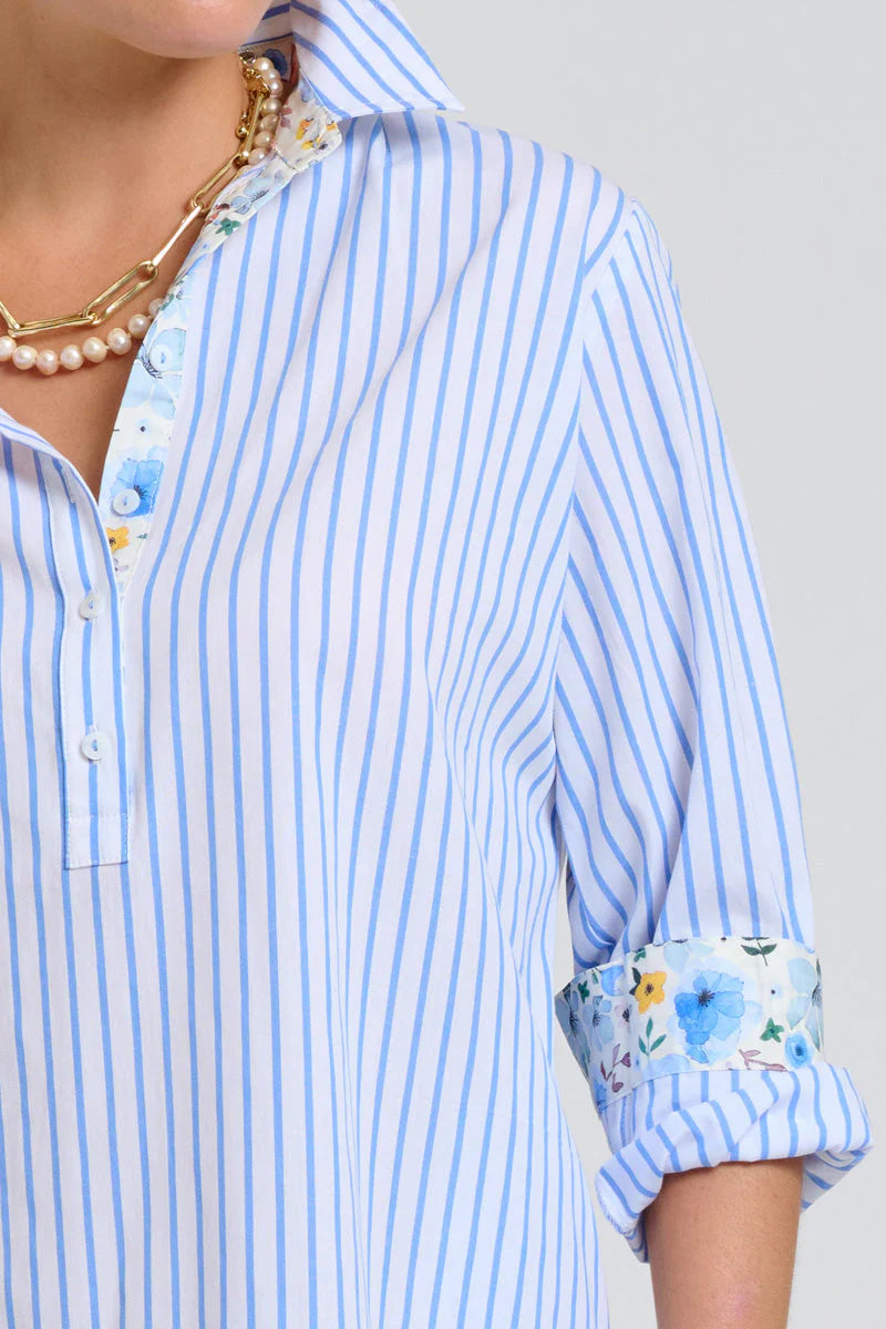 Shirty | The Popover Shirtdress | White with Blue Stripe Floral Trim