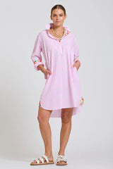 Shirty | The Popover Shirtdress | White with Pink Stripe Floral Trim