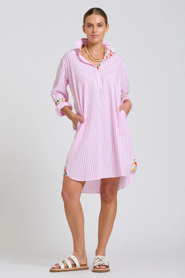 Shirty | The Popover Shirtdress | White with Pink Stripe Floral Trim