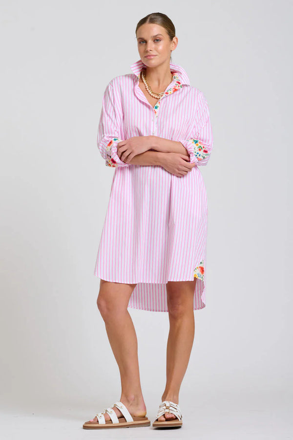 Shirty | The Popover Shirtdress | White with Pink Stripe Floral Trim