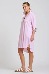 Shirty | The Popover Shirtdress | White with Pink Stripe Floral Trim