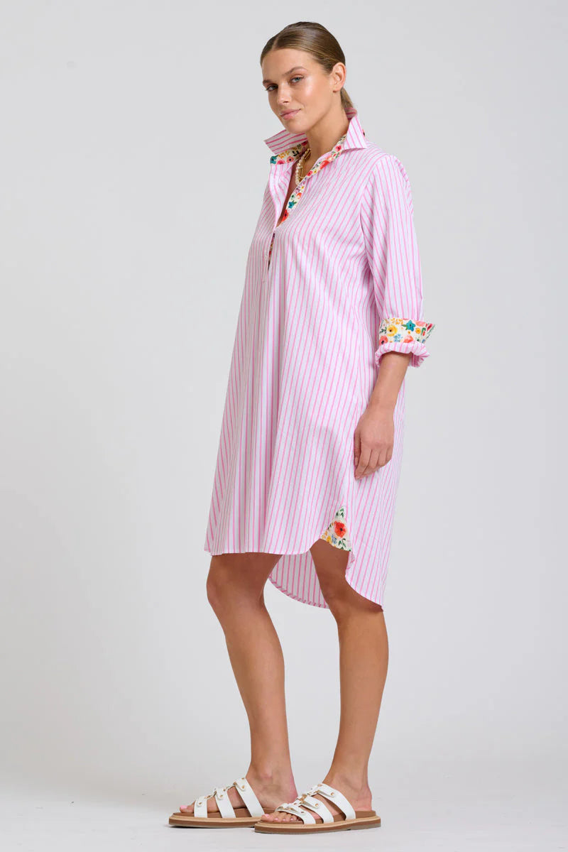 Shirty | The Popover Shirtdress | White with Pink Stripe Floral Trim