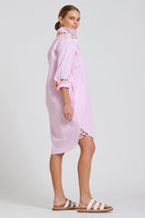 Shirty | The Popover Shirtdress | White with Pink Stripe Floral Trim